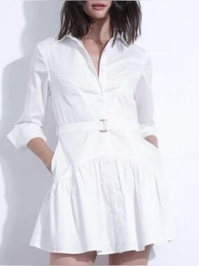 Karina Grimaldi White Belted Shirt Dress Medium Fit & Flare Resort Coastal Chic